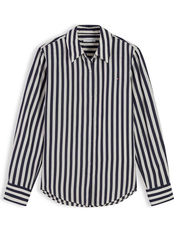 Tommy Hilfiger Μακρυμάνικο Γυναικείο Πουκάμισο Μεταξωτό Ριγέ Λευκό Navy Μπλε WW0WW52927-0FB