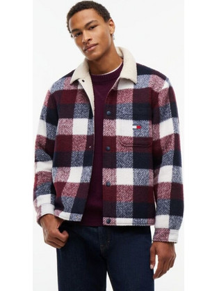 Tommy Jeans Ανδρικό Πουκάμισο Βαμβακερό Καρό Μακρυμάνικο Κανονική Γραμμή Overshirt Navy Μπλε Κόκκινο DM0DM23523-C1G