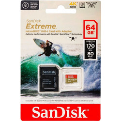 Sandisk Extreme microSDXC 64GB Class 10 U3 V30 UHS-I A2 170MB/s + Adapter