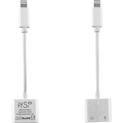 NSP ADAPTOR CABLE 2 IN 1 CHARGING AND AUDIO ADAPTER LIGHTNING TO 3.5MM JACK+LIGHTNING 2.4A WHITE