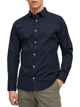 Jack & Jones Ανδρικό Πουκάμισο Βαμβακερό Μακρυμάνικο Κανονική Γραμμή Navy Μπλε 12187222