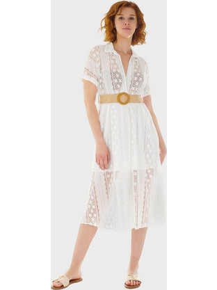 Γυναικείο boho φόρεμα ελαστική δαντέλα κοντό μανίκι κρουαζέ στήθος ΛΕΥΚΟ