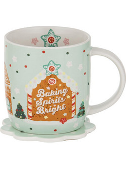 Ladelle Κούπα 12x8.8x9.2cm και Σουβέρ Γαλάζια Gingerbread Dasher Πορσελάνη -Σετ 2 Τεμαχίων