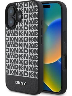 DKNY PU Leather Repeat Pattern Bottom Stripe Θήκη Δερματίνης με Magsafe για iPhone 16 Plus Μαύρο