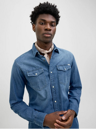 Jack & Jones Ανδρικό Πουκάμισο Τζιν Μακρυμάνικο Slim Fit Μπλε 12138115