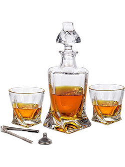 Γυάλινο Σετ Ποτού MikaMax Twisted Decanter Set με 1 x Καράφα Σερβιρίσματος με Πώμα & Ξύλινο Κουτί / 2 x Ποτήρια / 1 x Λαβίδα / 1 x Χωνί / 9 x Πέτρες Ουίσκι (8719481358310)