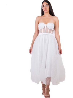 Φόρεμα Strapless με Πέρλα Peak A Side Λευκό
