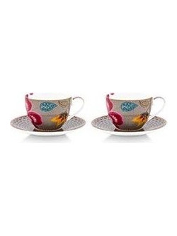 Set/2 Cups and Saucers Blooming Tales Fantasy Khaki