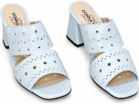 Light blue perforated leather mules