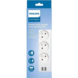 Πολύπριζο Philips SPN3032WA/19 με 3 Θύρες Εισαγωγής Σούκο Διακόπτη On/Off και 2 Θύρες USB Καλώδιο 2m Λευκό