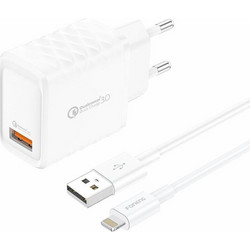 Foneng EU54 Φορτιστής με Καλώδιο Lightning με Θύρα USB-A 18W Quick Charge 3.0 & Power Delivery White