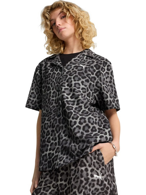 Puma Leo Luxe Relaxed Κοντομάνικο Γυναικείο Πουκάμισο Πολυεστέρα Animal Print Γκρι 632340-01