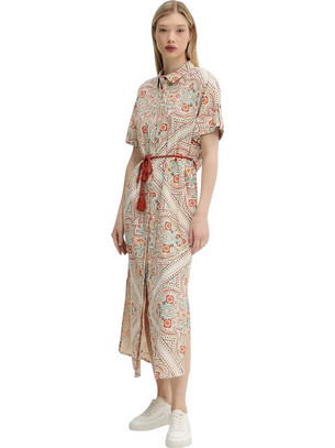 Superdry Midi Καλοκαιρινό Καθημερινό Φόρεμα Σεμιζιέ Λινό Εκρού W8011893A-F4T