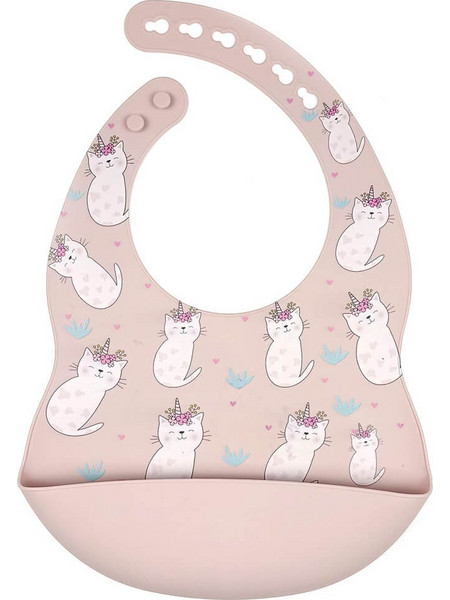 BabyCloud Cat Αδιάβροχη Σαλιάρα Σιλικόνης με Κουμπί & Τσέπη Ροζ
