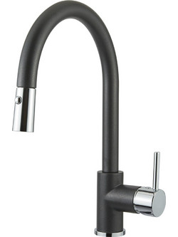 Fluo Fluo 214-18780-1421 Μπαταρία Κουζίνας Πάγκου Διπλής Παροχής Ανάμεικτη με Ντουζ Μαύρη
