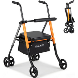 Costway Πτυσσόμενο Rollator Αλουμινίου Κάθισμα & Καλάθι Πορτοκαλί JH10037BK