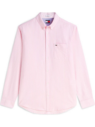 Tommy Jeans Ανδρικό Πουκάμισο Βαμβακερό Ριγέ Μακρυμάνικο Κανονική Γραμμή Ροζ DM0DM22790-TOU