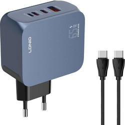 Ldnio Q7 Φορτιστής με Καλώδιο USB-C με Θύρα USB-A & 2 Θύρες USB-C 65W Quick Charge 4.0+ & Power Delivery