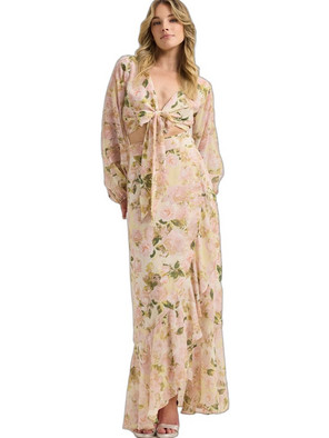 Enzzo Yasmin Μακριά Φούστα Υφασμάτινη Ψηλόμεση Floral Μπεζ 261339