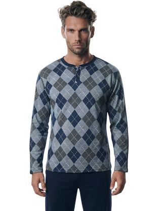 PNN Nightwear Χειμωνιάτικες Ανδρικές Πιτζάμες Βαμβακερές Καρό με Κουμπιά Μπλε 1271-0603-1