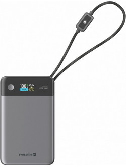 Swissten SafeCore Power Bank 10000mAh 45W με Ενσωματωμένα Καλώδια USB-C & Lightning Grey