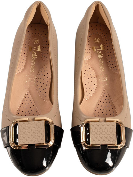 Zak Shoes Ανατομικές Γόβες με Χοντρό Χαμηλό Τακούνι Μπεζ Μαύρες SD06018