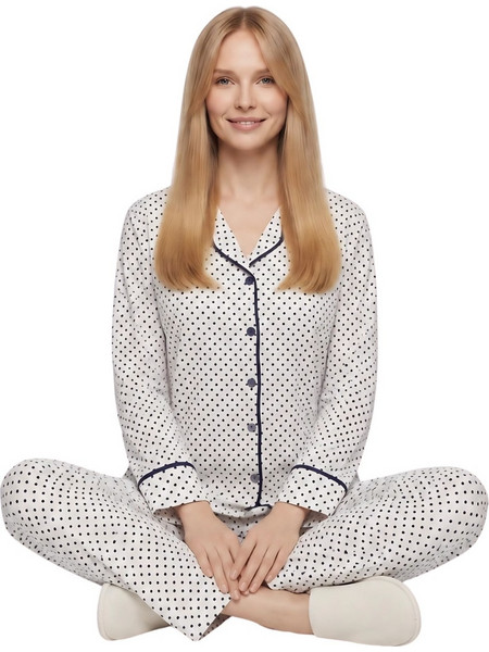 PNN Nightwear Madeline Σετ Γυναικείες Πιτζάμες Χειμωνιάτικες Λευκές Navy Μπλε 1261-3453