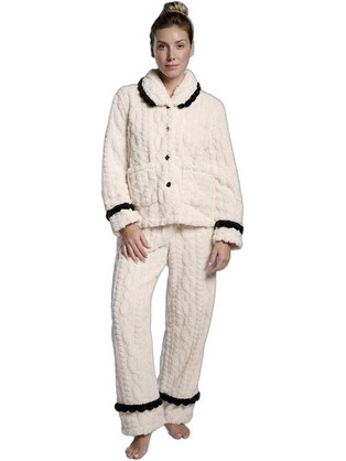 Muydemi Σετ Γυναικείες Πιτζάμες Χειμωνιάτικες Fleece Εκρού 26262