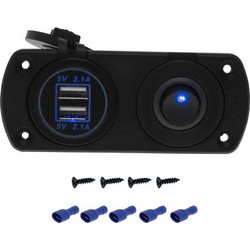 Διπλός USB φορτιστής αυτοκινήτου 12V μπλε με ενσωματωμένη βάση πάνελ και διακόπτη OEM