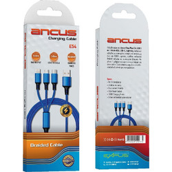 Καλώδιο Φόρτισης Ancus Flow Plus E54 USB 3 σε 1 Micro-USB, USB-C, Lightning 2.0A με Braided Καλώδιο Μπλε 1m