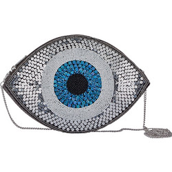Τσαντάκι χιαστί από παγέτα σε σχήμα Greek Eye σε γκρι χρώμα και ασημί αλυσίδα 27x18x3cm