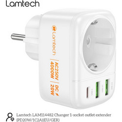 LAMTECH MULTIFUNCTIONAL SURGE PROTECTOR WALL SOCKET 1xSCHUKO 2xUSB 1xTYPE-C PD20W