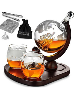 Γυάλινο Σετ Ποτού MikaMax Deluxe Globe Decanter Set σε Σχήμα Υδρογείου με 1 x Καράφα Σερβιρίσματος με Πώμα & Ξύλινη Βάση / 2 x Ποτήρια / 1 x Λαβίδα / 1 x Χωνί / 9 x Πέτρες Ουίσκι (8719481357771)