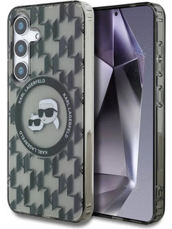 Karl Lagerfeld Button Karl & Choupette Heads On KL Pattern Magsafe Back Cover Black (Samsung Galaxy S25)