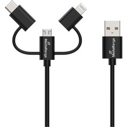 MediaRange 3-in-1 Charge and Sync Cable, micro USB, USB Type-C(R) and Apple Lightning(R) Connectors, USB 2.0 480 Mbps, 12W max. 1.0m, Black