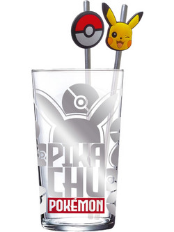 POKEMON - Pikachu - Set of Premium XXL Glass 16oz + Twin Metal Straw