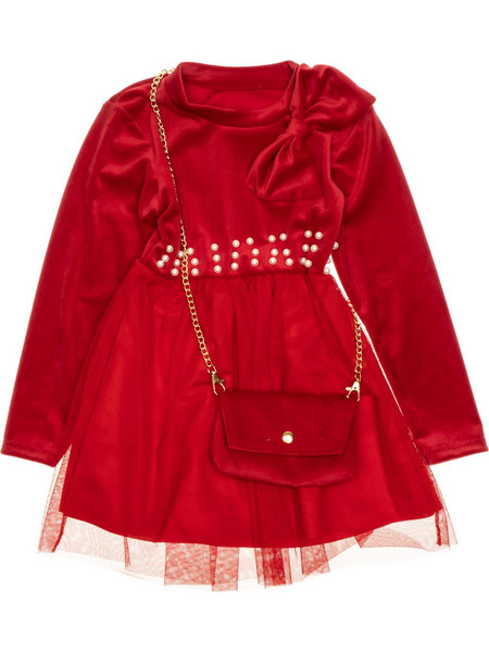 Italy Moda βελουτέ φορεματάκι με τούλι και τσαντάκι Red Velvet