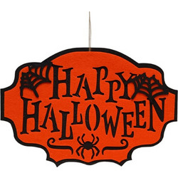 Διακοσμητική κρεμαστή πινακίδα Happy Halloween σε πορτοκαλί χρώμα 30x45cm