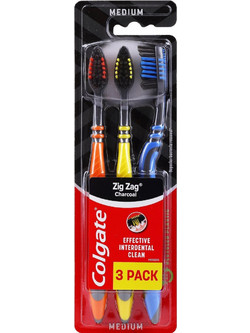 Colgate Zig Zag Charcoal Medium Οδοντόβουρτσες 3τμχ Μπλέ Πορτοκαλί Κίτρινη