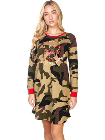 Kare Design Γυναικείο Νυχτικό Μακρυμάνικο Army Print με Logo Χακί
