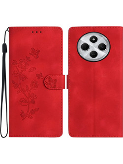 Pattern Xiaomi Redmi 14C 4G Flower Butterfly Embossing Θήκη Βιβλίο - Red