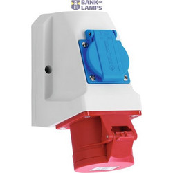 CEE wall socket combination, IP44, 16A, 5-pole, 400V, 6h, red, pre-wired