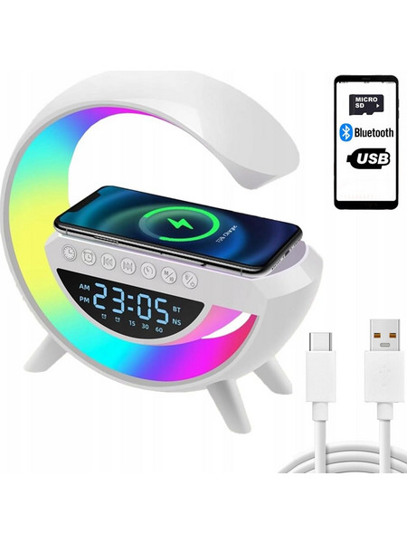 Verk Group Επιτραπέζιο Φωτιστικό LED RGB με Ασύρματο Φορτιστή 15W, Ηχείο Bluetooth, Ρολόι/Ξυπνητήρι & FM Ραδιόφωνο 5907451362303