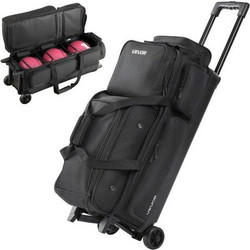 VEVOR Bowling Ball Bag, 3 Ball Double Roller Bowling Bag with Wheels, Featuring a Separate Compartment for Shoes (Up To US Size 16) & Oversized Accessory Pocket, Retractable Handle Extends to 1050 mm