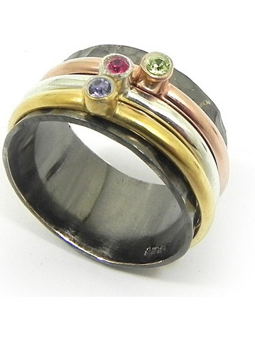 Ασημένιο δαχτυλίδι spinner 10mm με 3 δακτυλίους με swarovski, βάση με μαύρη επιροδίωση