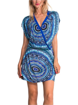 Desigual Mini Καλοκαιρινό Καθημερινό Φόρεμα Κρουαζέ Μεταξωτό Μπλε 51V2LE7-5001