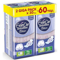 EveryDay Sensitive Super Ultra Plus Σερβιέτες με Φτερά για Αυξημένη Ροή 6 Σταγόνες από Βαμβάκι 2x30τμχ