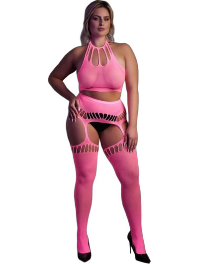 Ouch! Sexy Two Piece Set Διχτυωτό με Ζαρτιέρες Ροζ 8714273494429