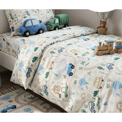 MayHome Cars Σετ Παιδική Παπλωματοθήκη Μονή Βαμβακερή 160x240 Λευκή Γαλάζια
