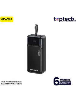 Awei PA-104 Power Bank 30000mAh 22.5W με Ενσωματωμένο Καλώδιο USB-C Black